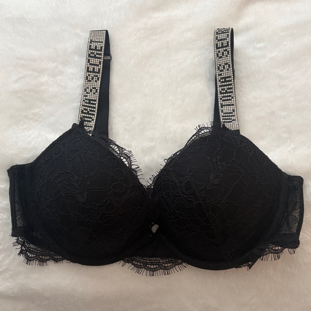 Victoria's Secret Black Lace Push-Up Bra with Rhinestone Logo Straps